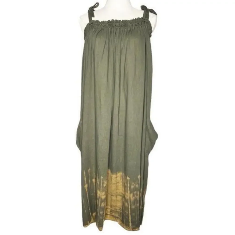 FREE PEOPLE Tie‎ Shoulder Oversized Boho Dress Olive Tie Dye Size Small